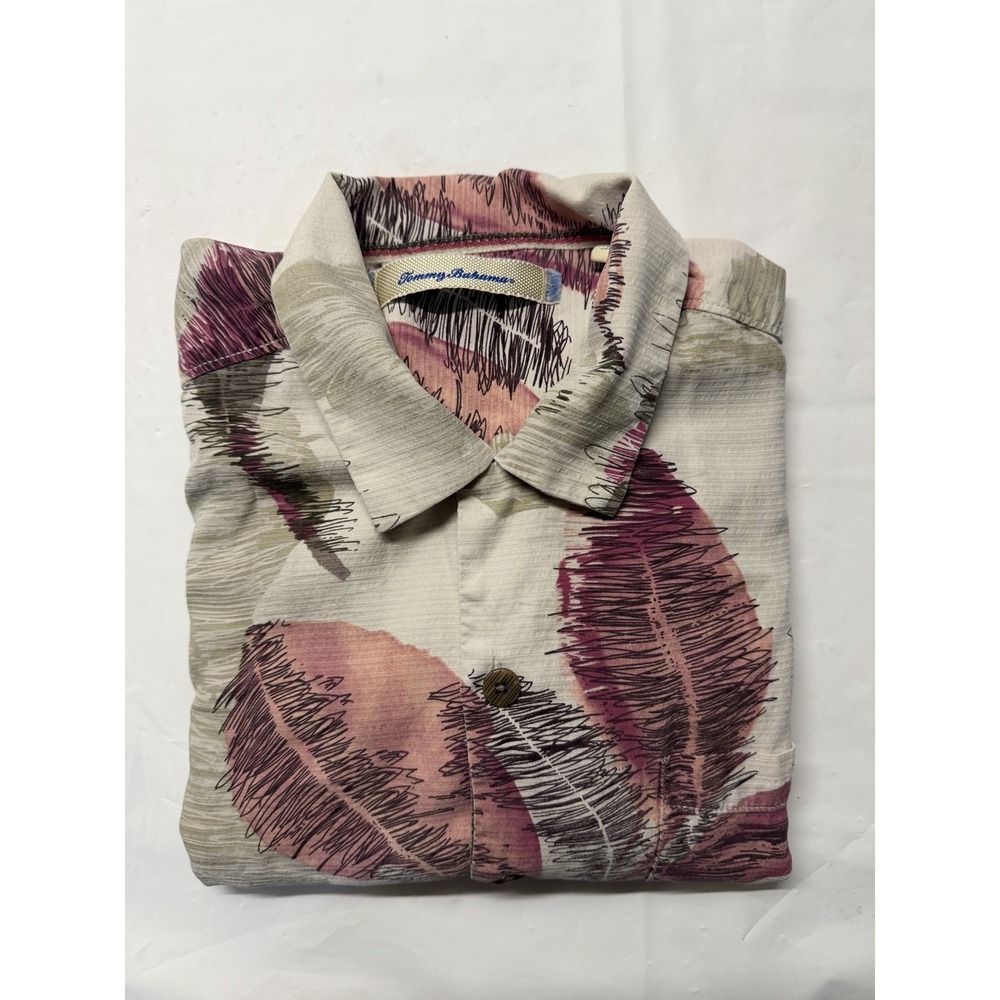 Tommy Bahama Men's SS Hawaiian Shirt With Green/ Purple Leaves Large 100% Silk